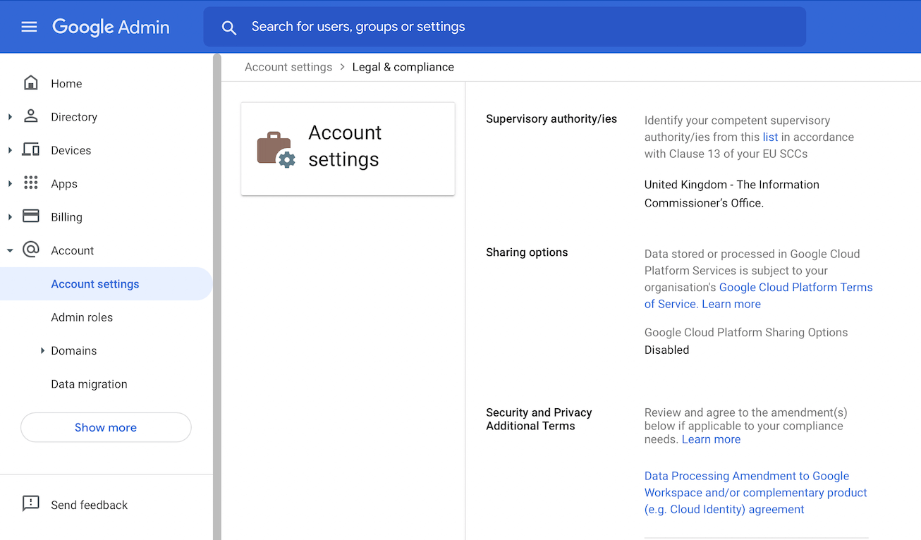 Google Workplace Admin Panel - Legal and Compliance Settings