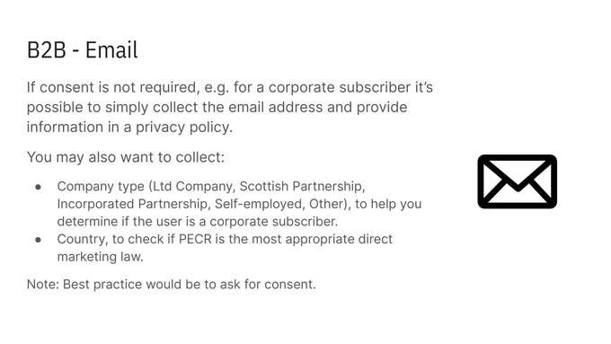PECR course slide covering b2b marketing rules for email