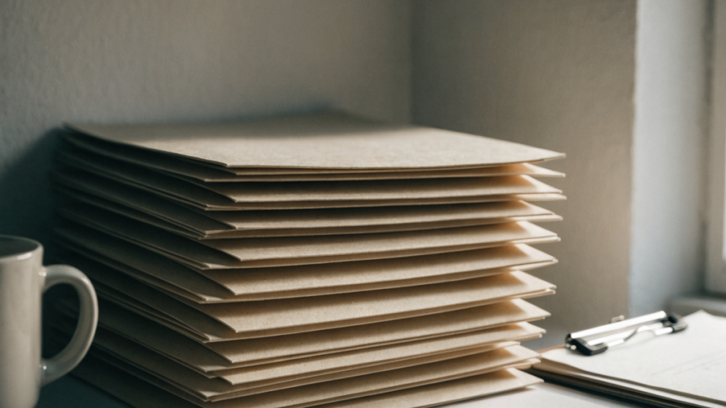 Stacked archive folders and a clipboard on a shelf in muted natural light
