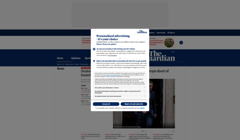 The Guardian consent or pay prompt offering readers a choice between accepting personalised advertising and subscribing to Guardian Ad-Lite, captured on 14 May 2026