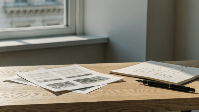 Printed policy papers and a workflow notebook on an oak desk in soft morning light