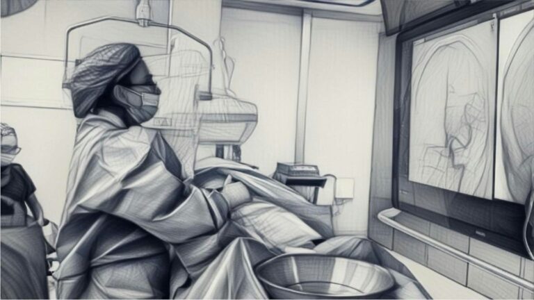 Surgeon reviewing clinical scans in a hospital operating room