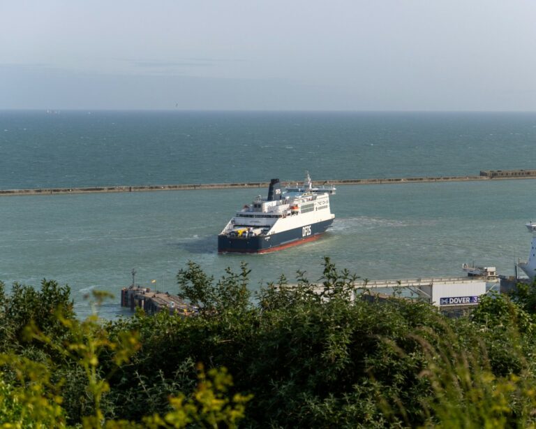 A ferry leaving the Port of Dover on a cloudy day