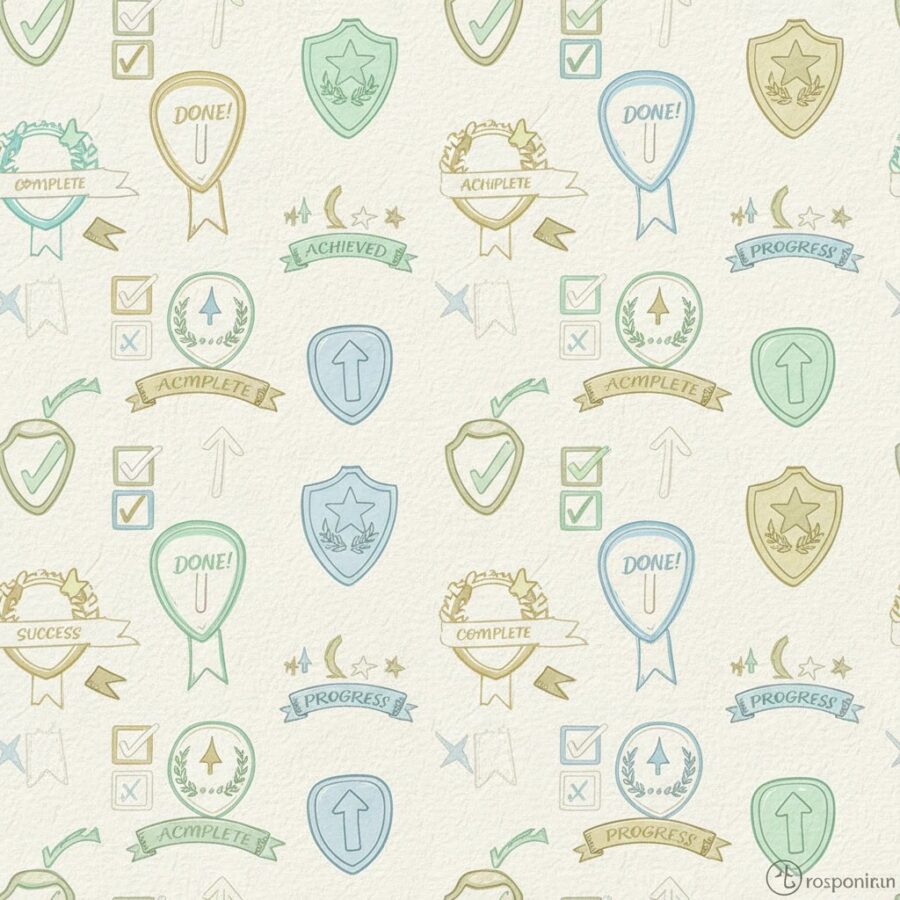 Illustrated completed checklist and achievement badges