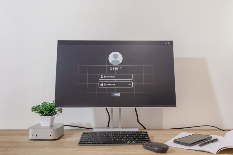 Office desktop computer showing a username and password login screen